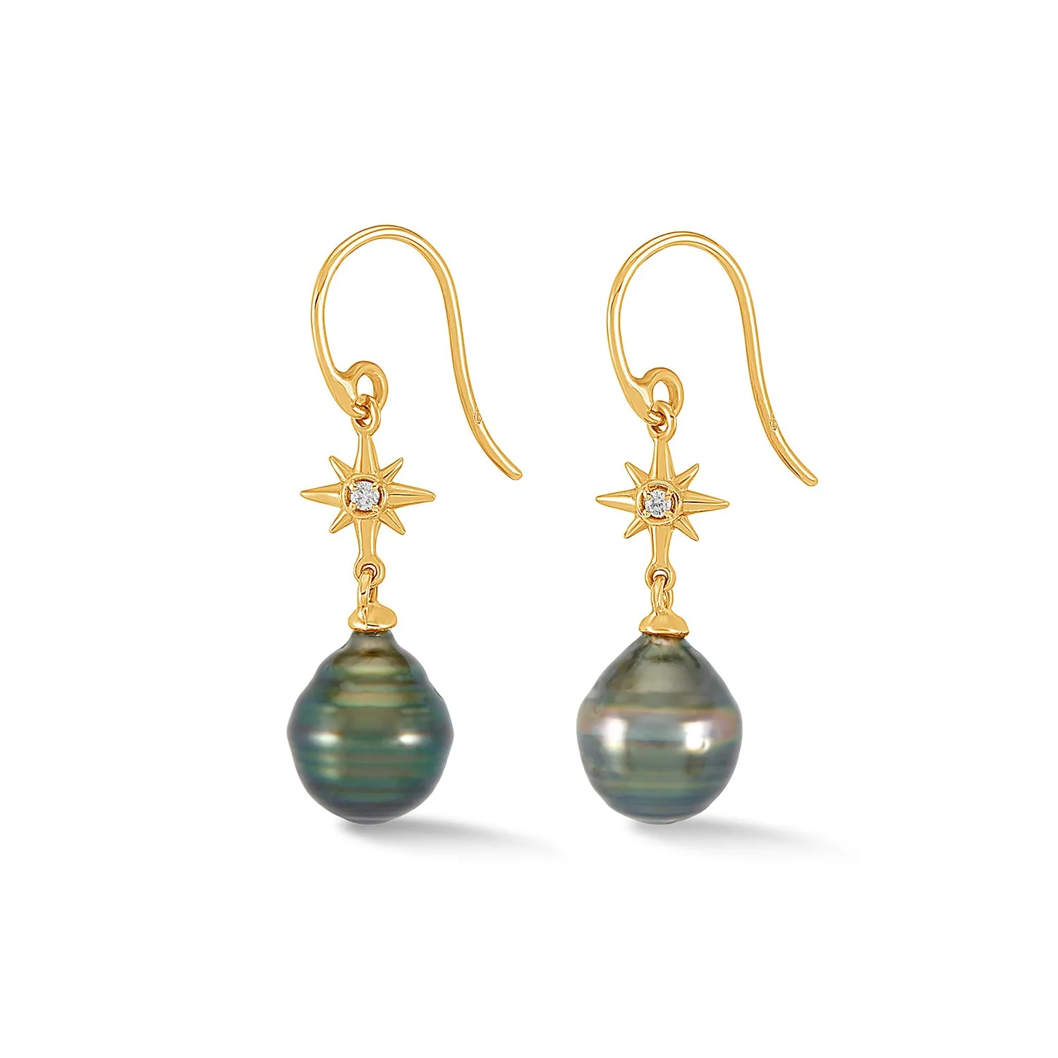 14k Gold & Diamond North Star Ear-Drops with Tahitian Pearl