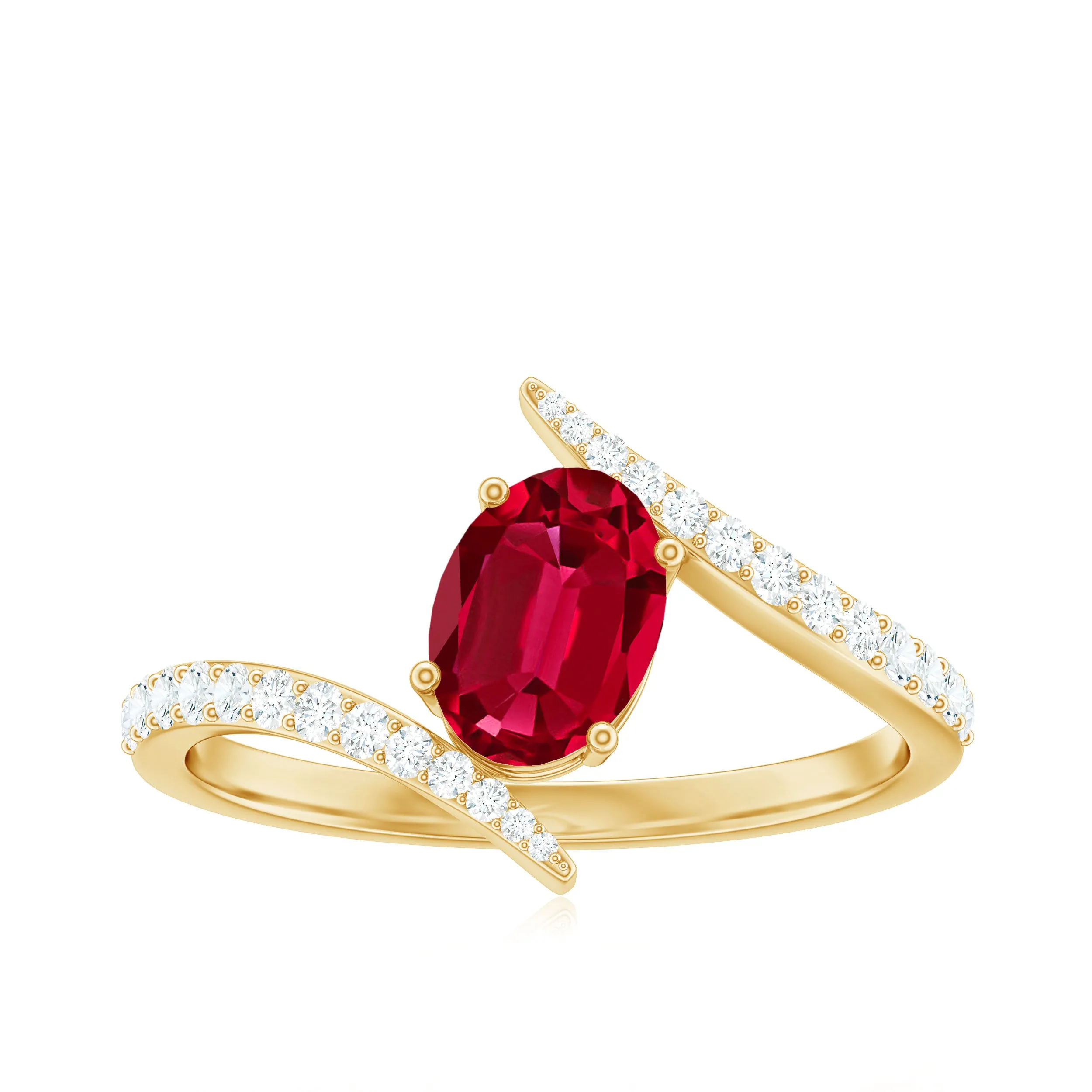 1.5 CT Oval Lab Created Ruby Solitaire Bypass Ring with Diamond