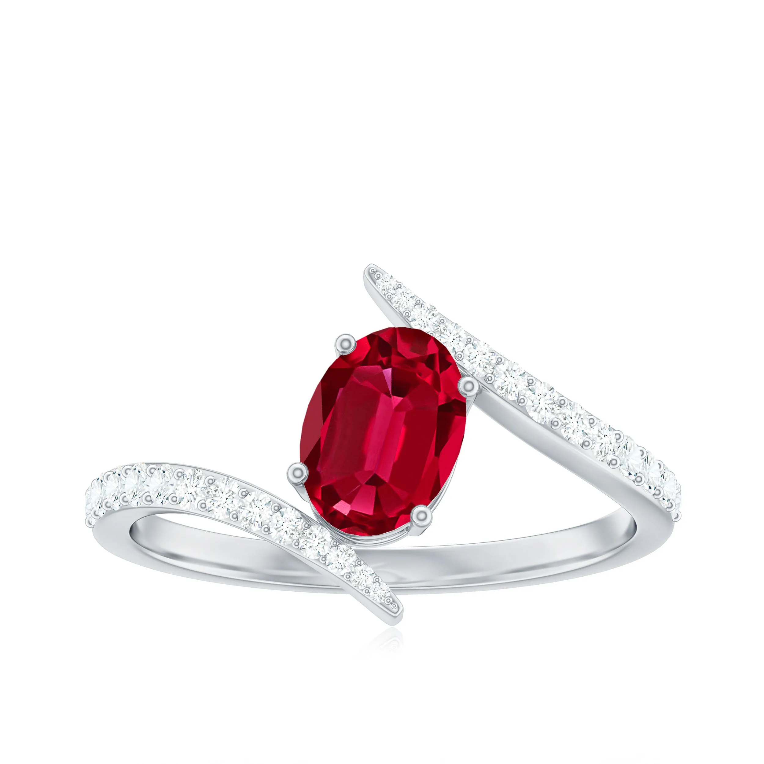 1.5 CT Oval Lab Created Ruby Solitaire Bypass Ring with Diamond