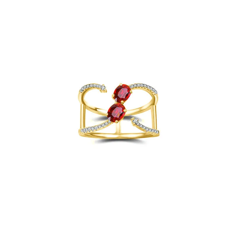 18k Gold Double Ruby Connected Diamond Ring