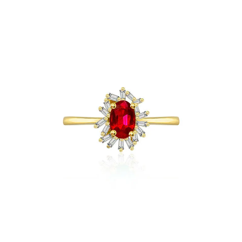 18k Gold Ruby Ring Surrounded by Irregular Shape Diamond