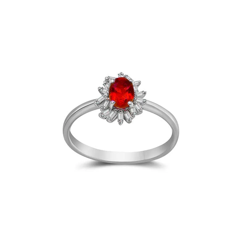 18k Gold Ruby Ring Surrounded by Irregular Shape Diamond