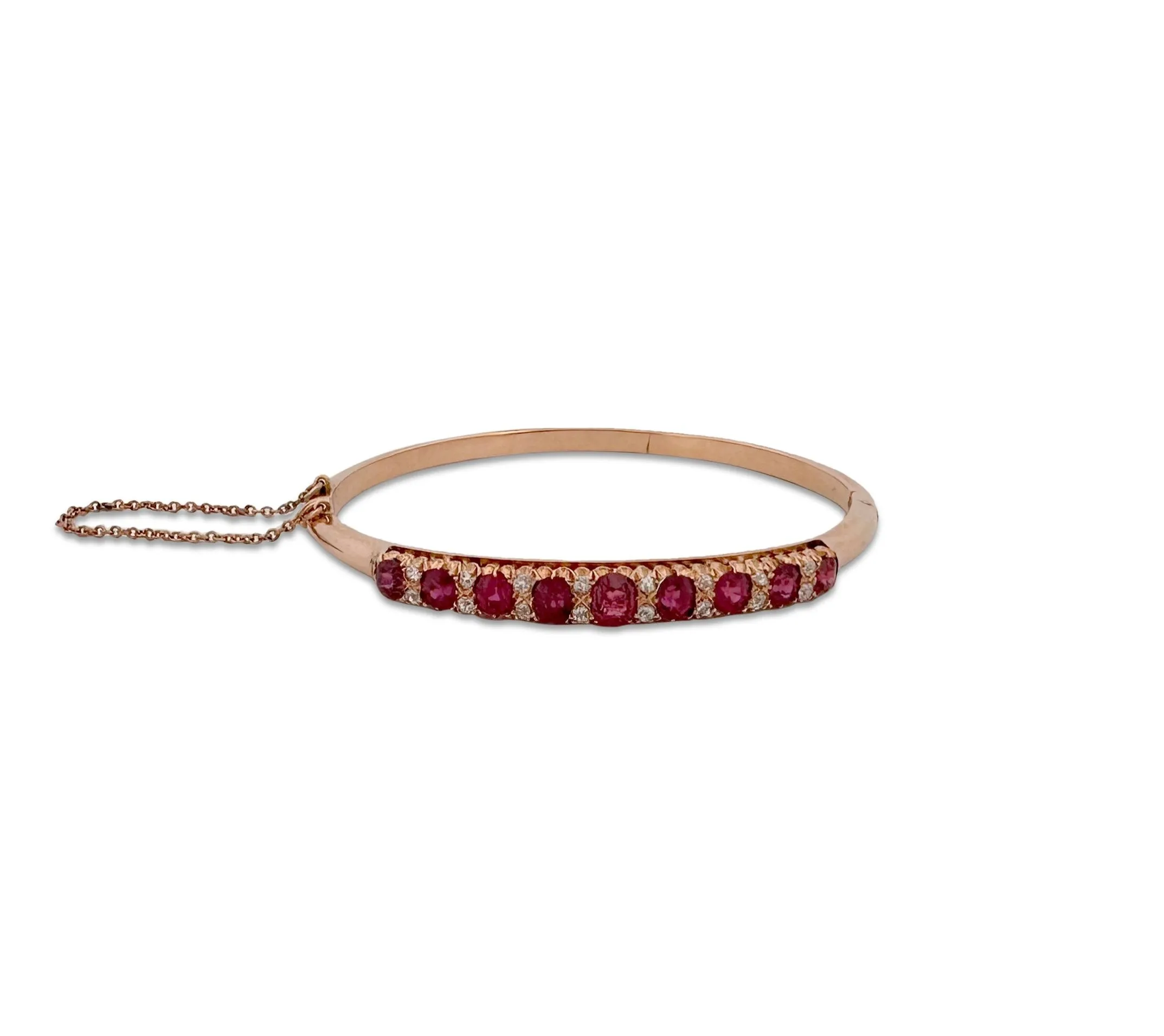 Antique Ruby and Diamond Hinged Cuff Bracelet in 14k Yellow Gold