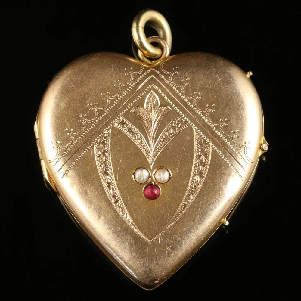 Antique Victorian Gold Heart Locket Ruby Pearl Circa 1880