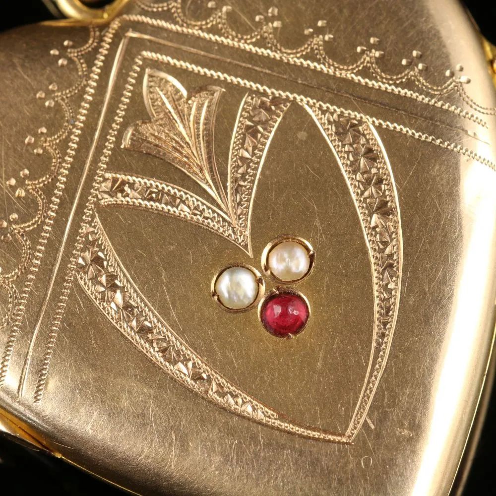 Antique Victorian Gold Heart Locket Ruby Pearl Circa 1880