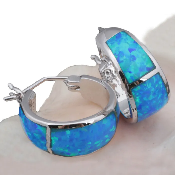 Blue Fire Opal Silver Stamped Hoop Earrings for women Fashion Jewelry Opal Jewelry