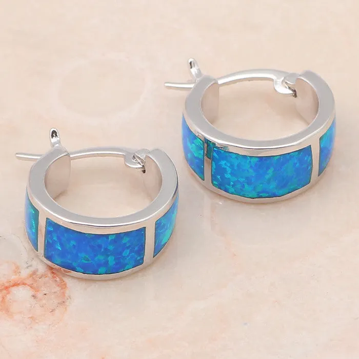 Blue Fire Opal Silver Stamped Hoop Earrings for women Fashion Jewelry Opal Jewelry