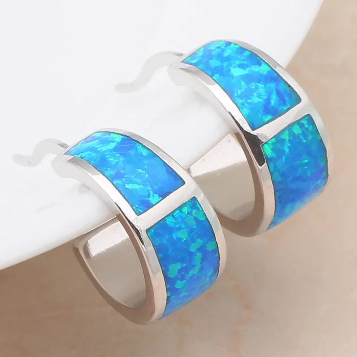 Blue Fire Opal Silver Stamped Hoop Earrings for women Fashion Jewelry Opal Jewelry