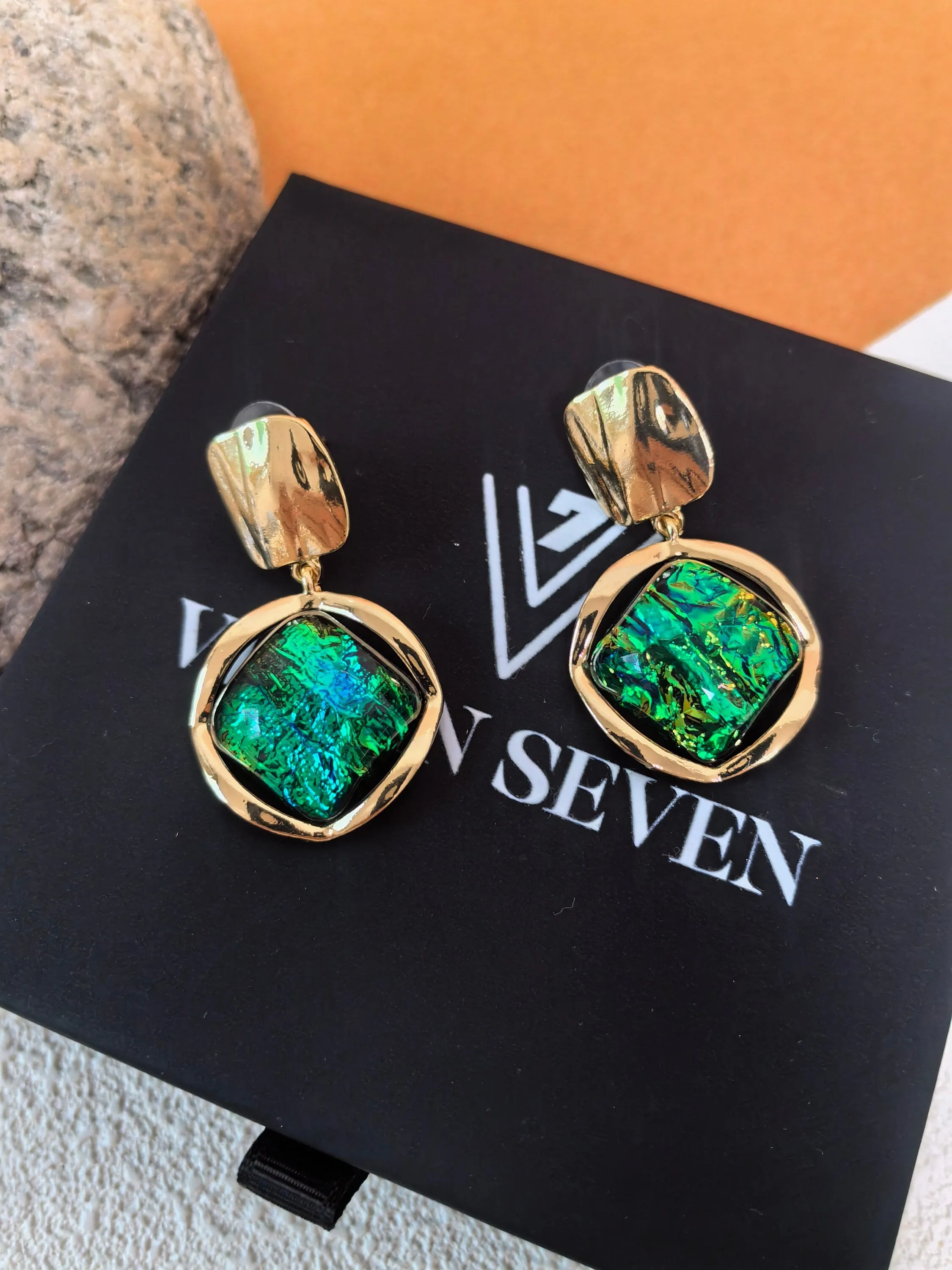 Chic Gold Green Resin Stone Drop Earrings