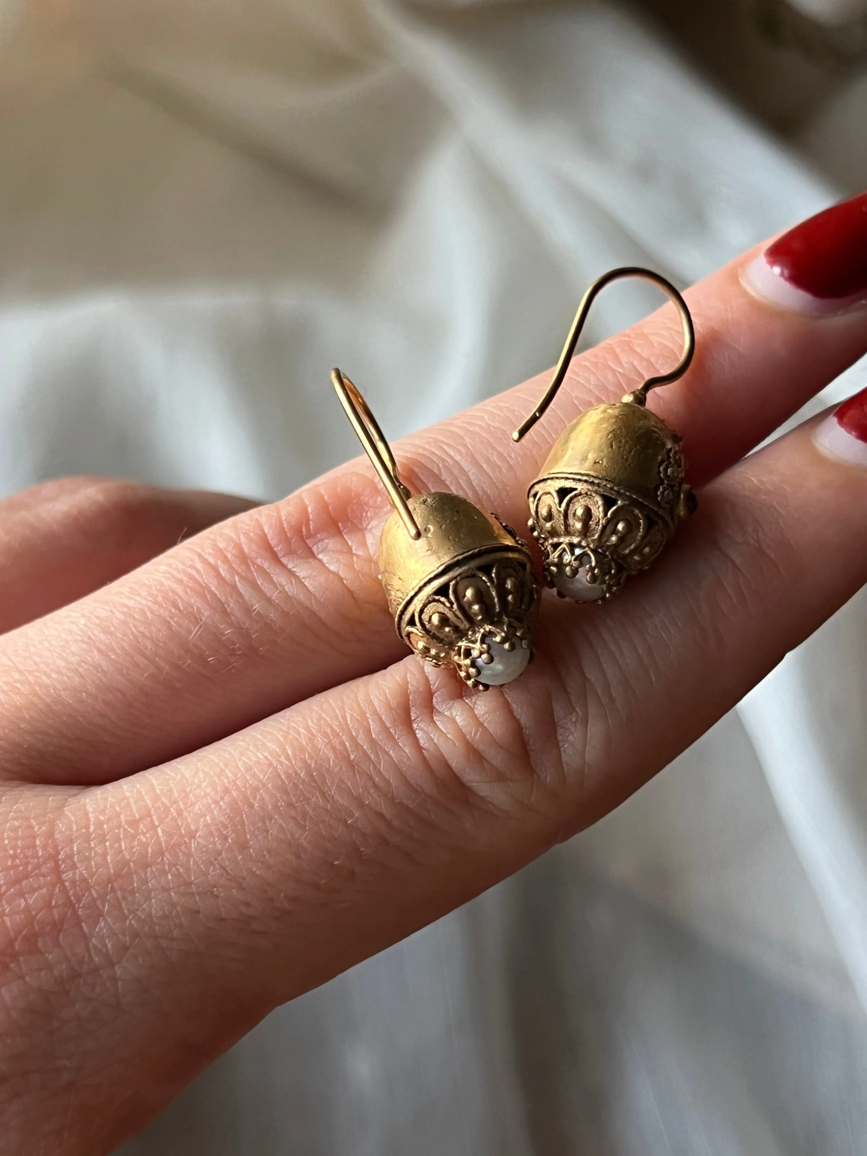 Gilt Metal Earrings with Pearls and Garnet Paste