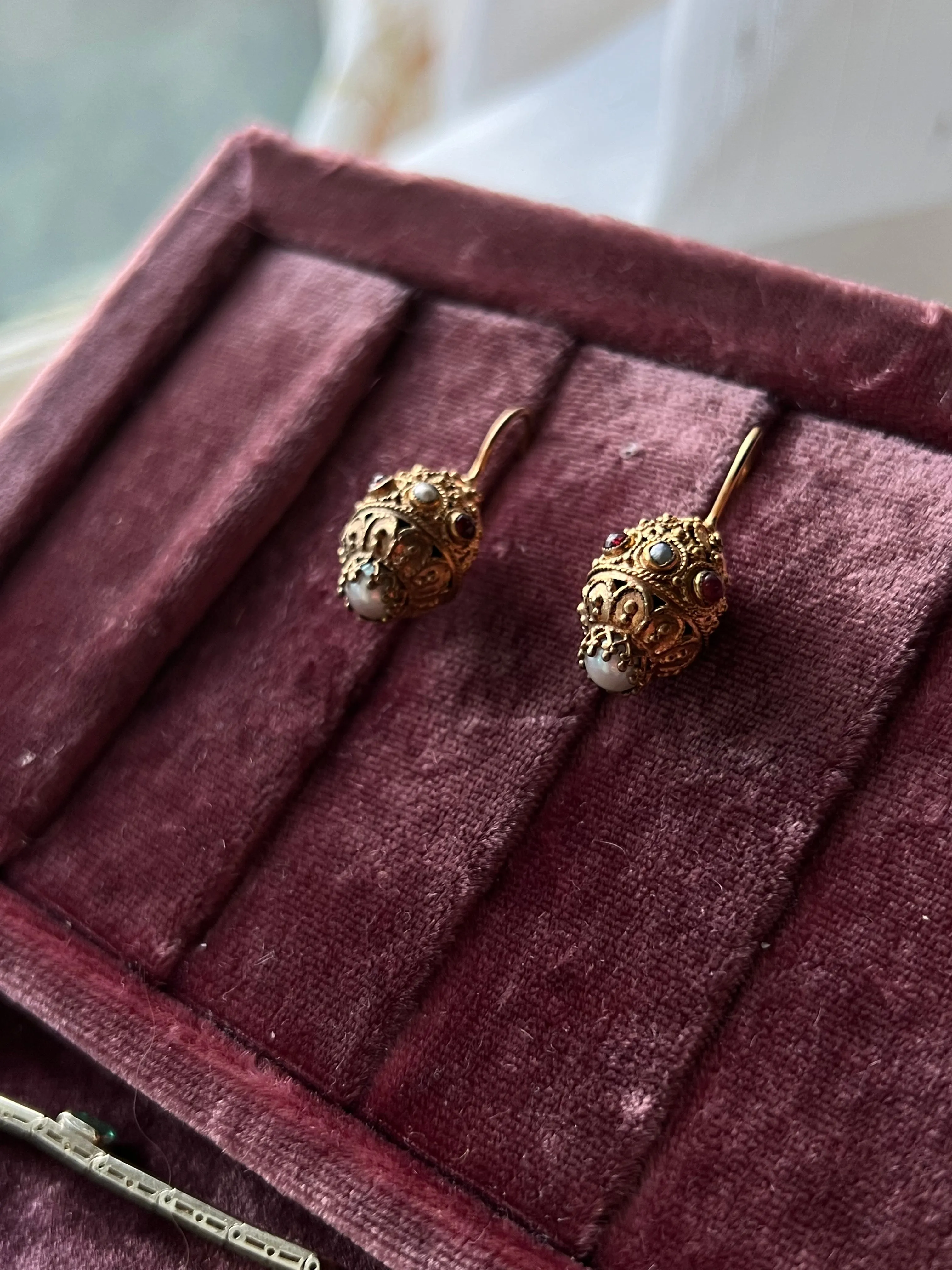 Gilt Metal Earrings with Pearls and Garnet Paste