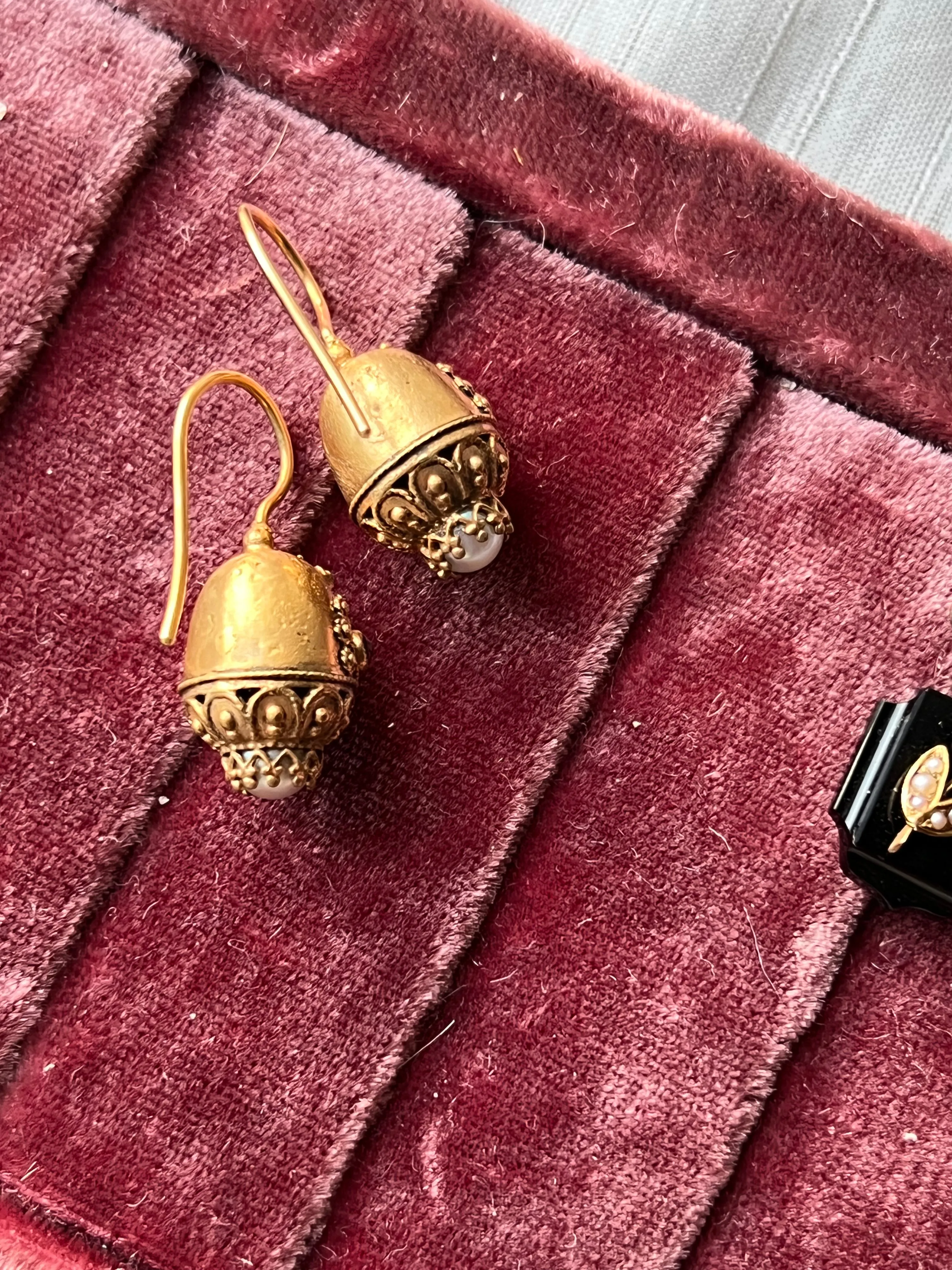 Gilt Metal Earrings with Pearls and Garnet Paste