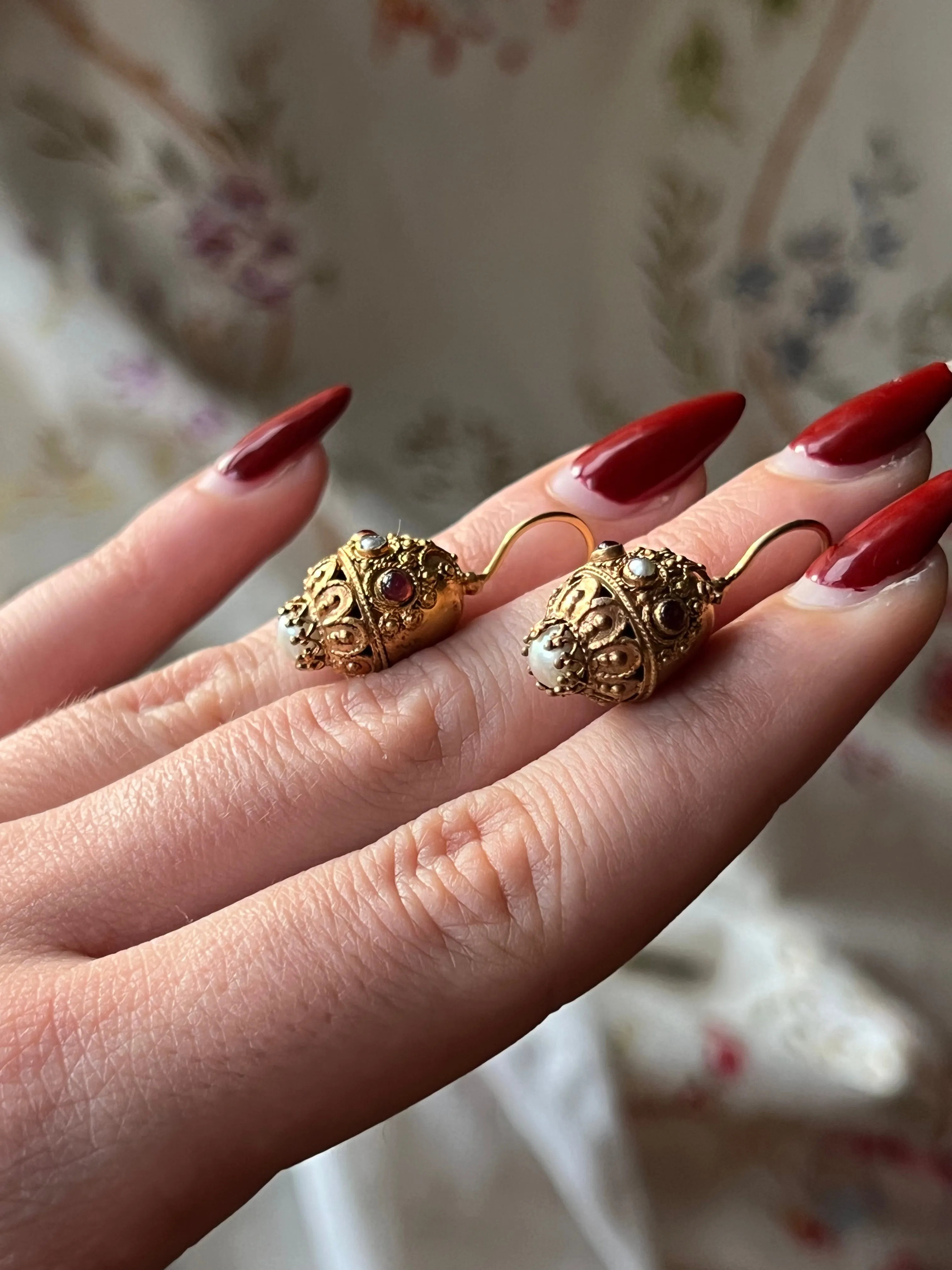 Gilt Metal Earrings with Pearls and Garnet Paste