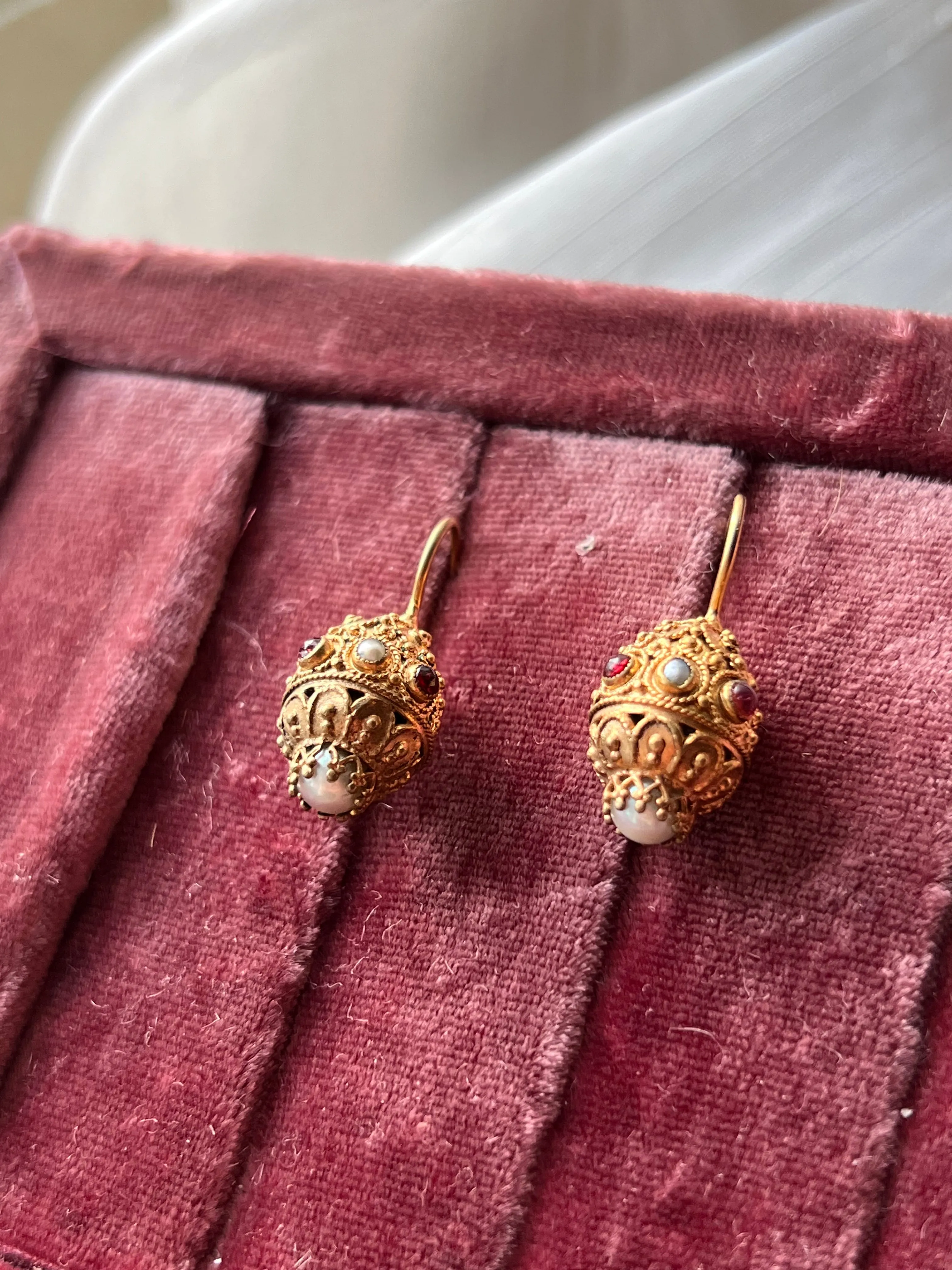 Gilt Metal Earrings with Pearls and Garnet Paste