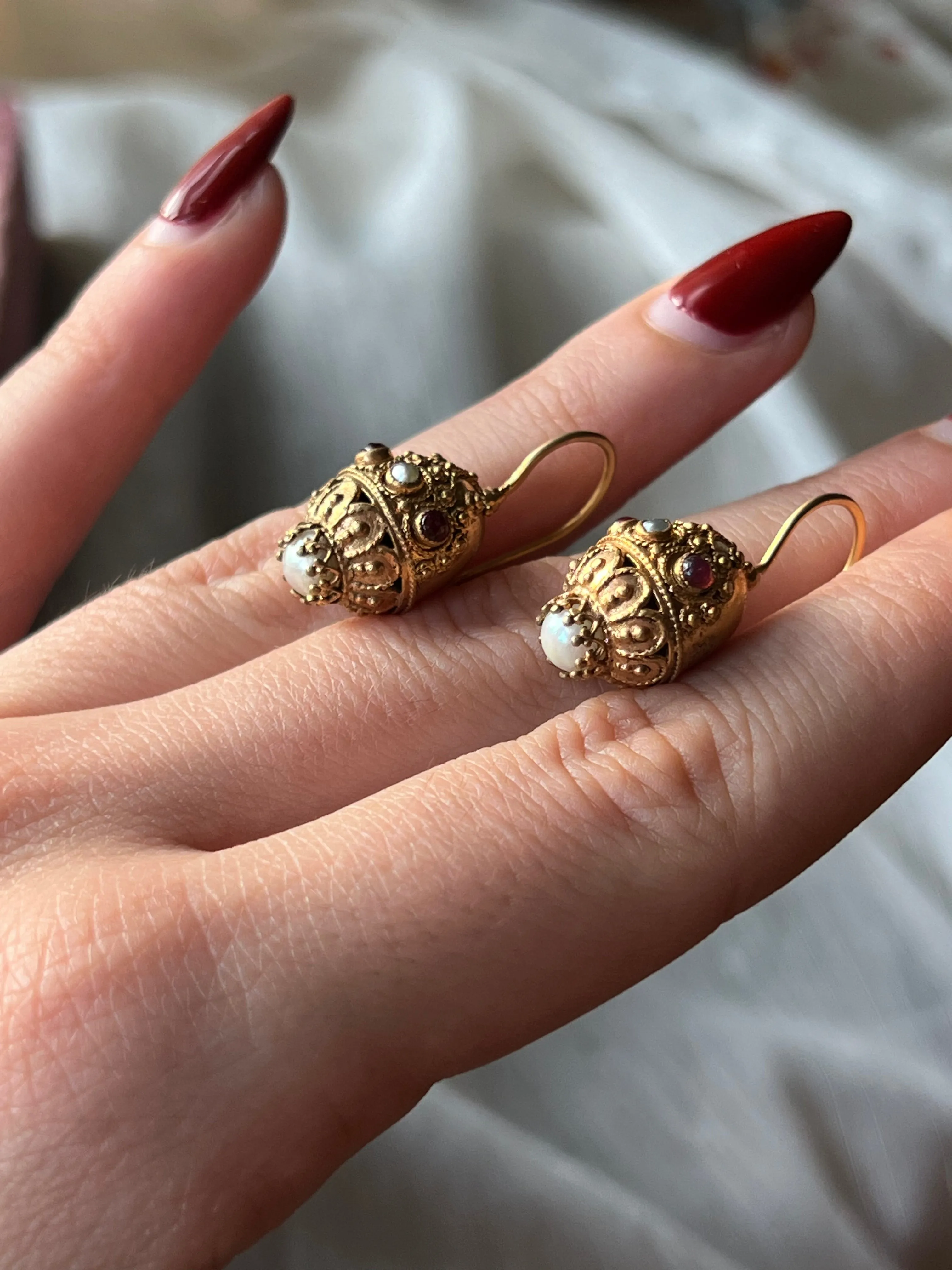 Gilt Metal Earrings with Pearls and Garnet Paste