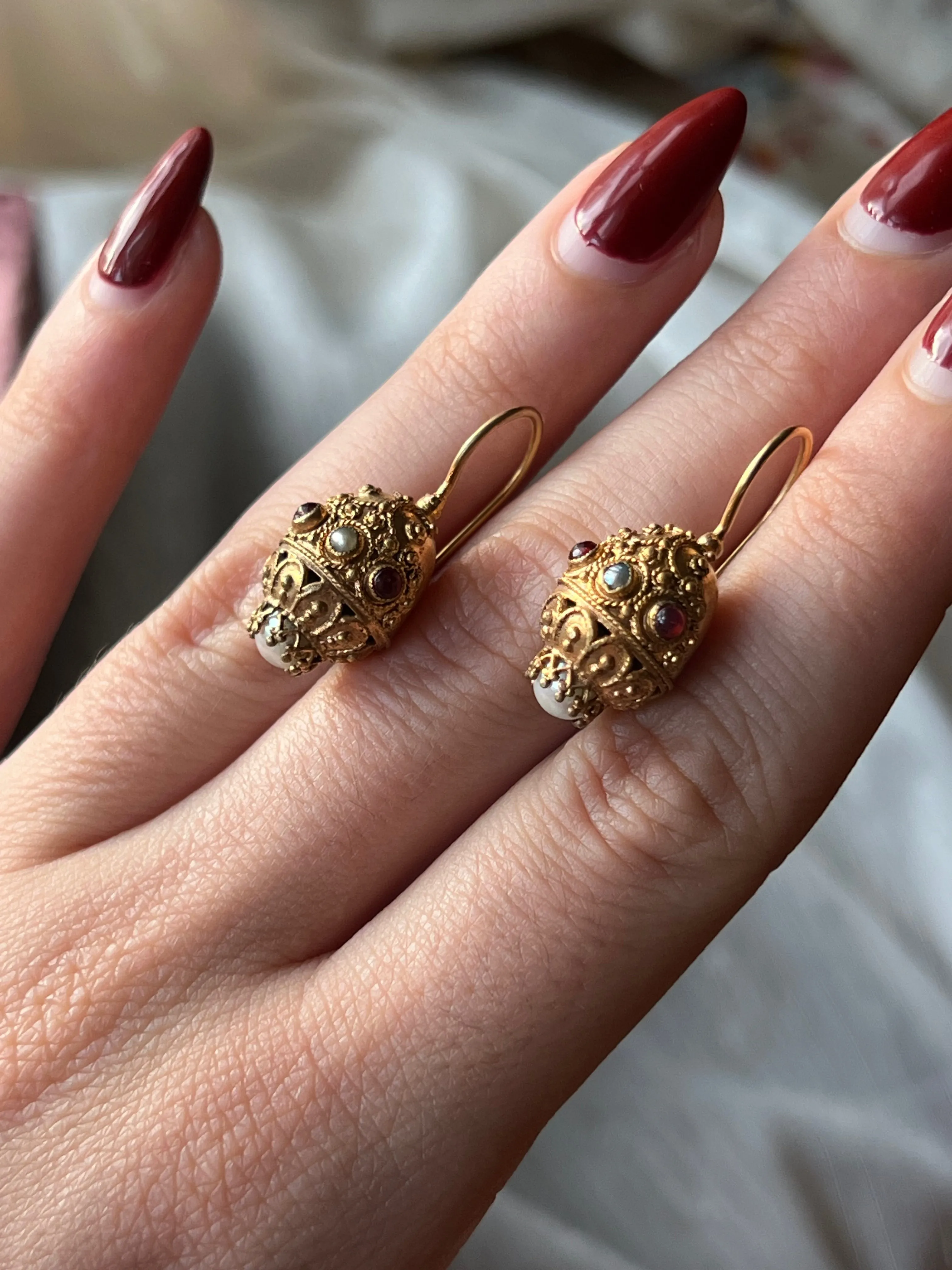 Gilt Metal Earrings with Pearls and Garnet Paste