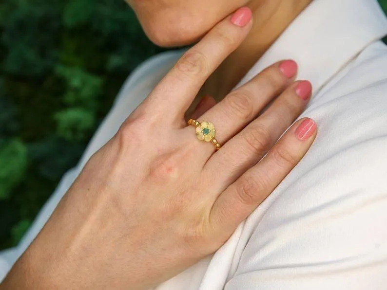 Gold Ruby Ring - Flower Ring, Dainty Ruby Ring, Natural Ruby Ring