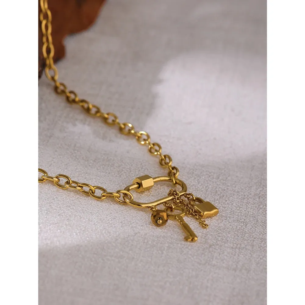 Golden Key Lock Charm Pendant Necklace