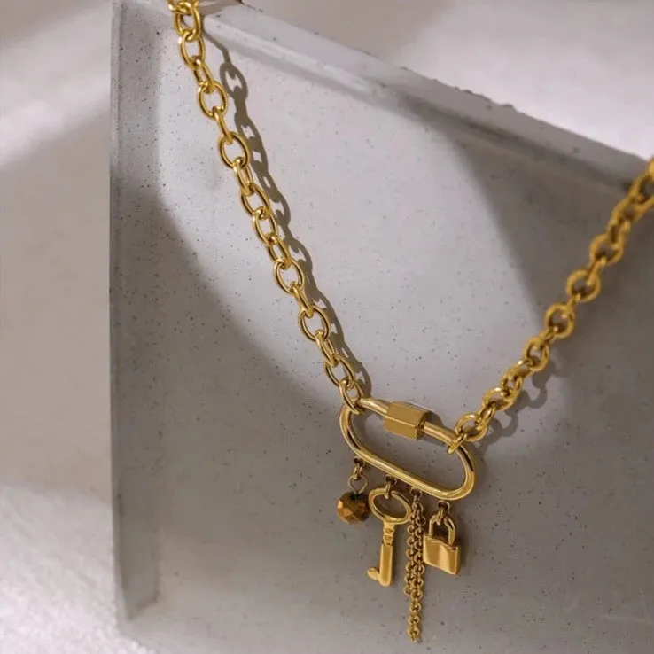 Golden Key Lock Charm Pendant Necklace