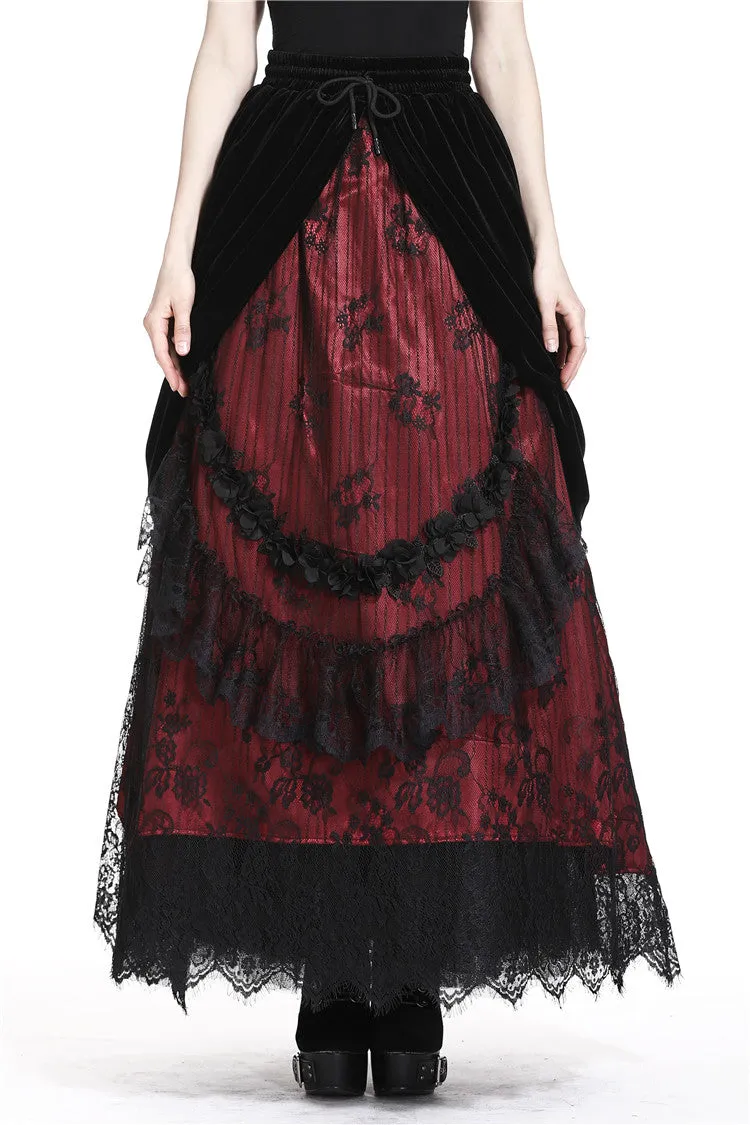 Gothic Black red wave velvet lace maxi skirt KW133RD