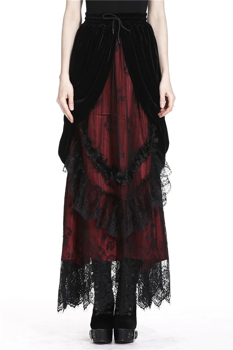 Gothic Black red wave velvet lace maxi skirt KW133RD