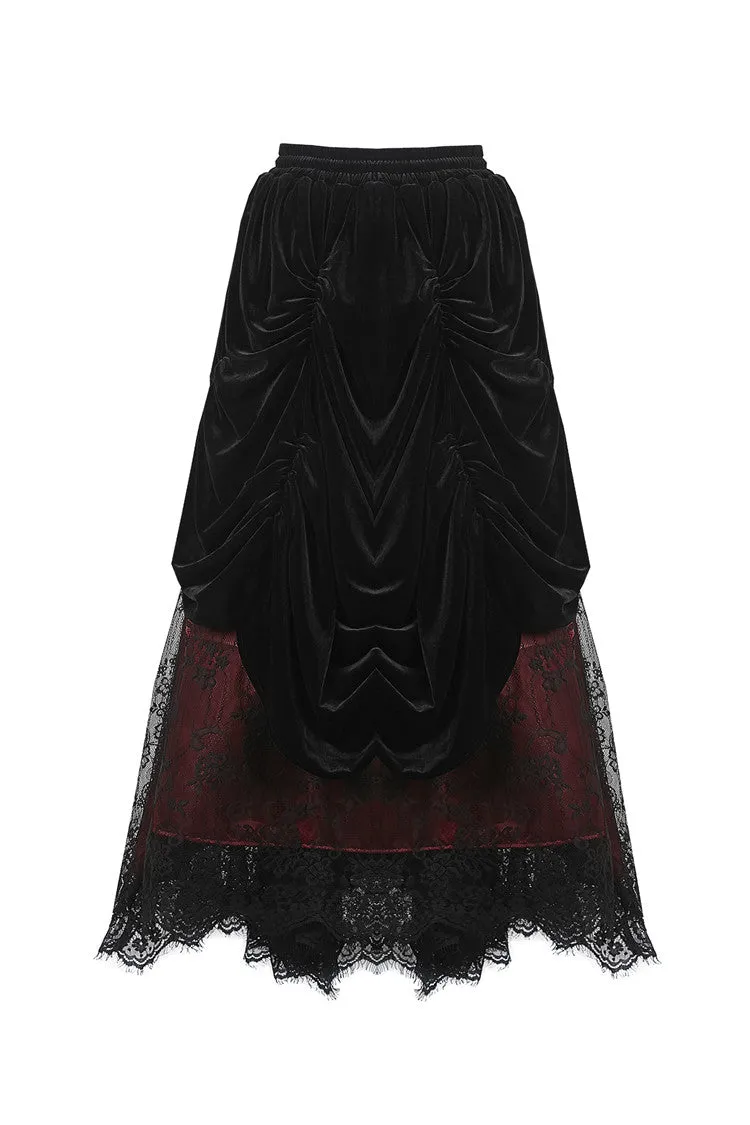 Gothic Black red wave velvet lace maxi skirt KW133RD