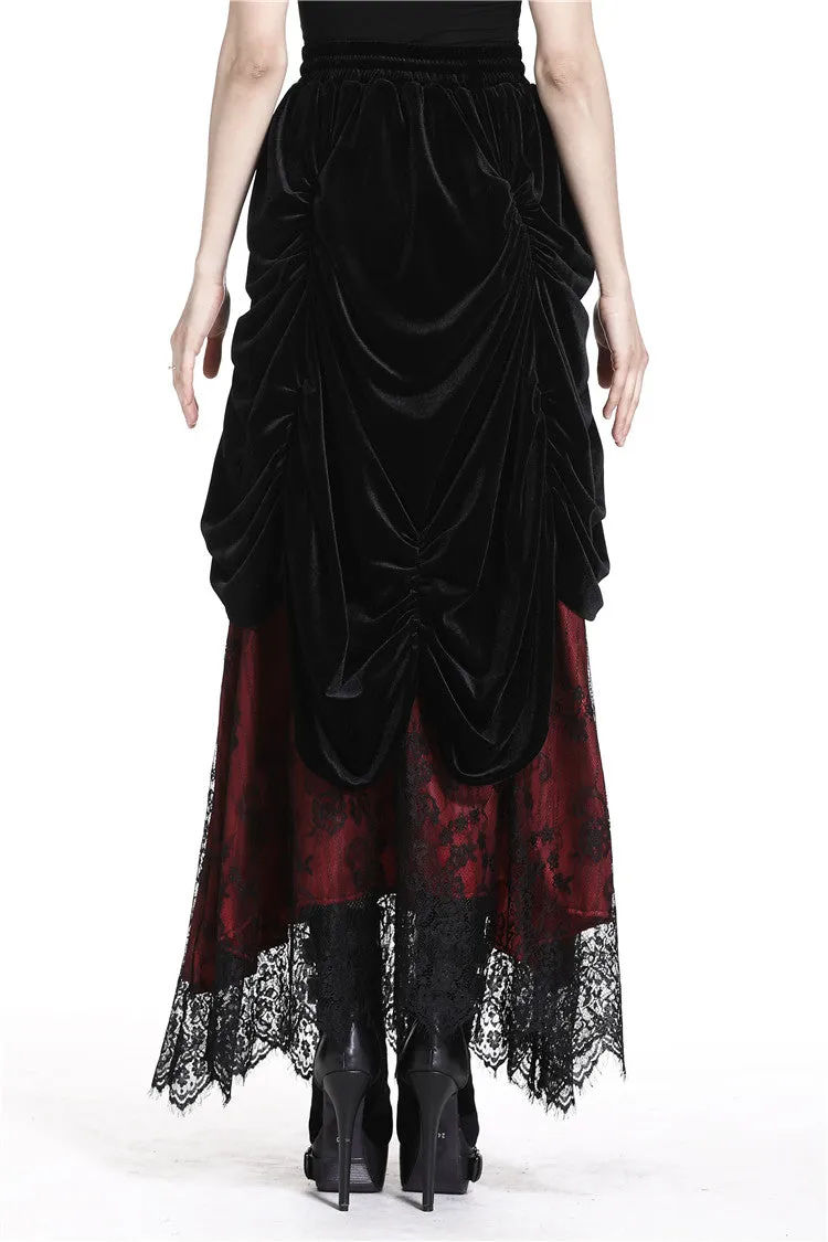 Gothic Black red wave velvet lace maxi skirt KW133RD