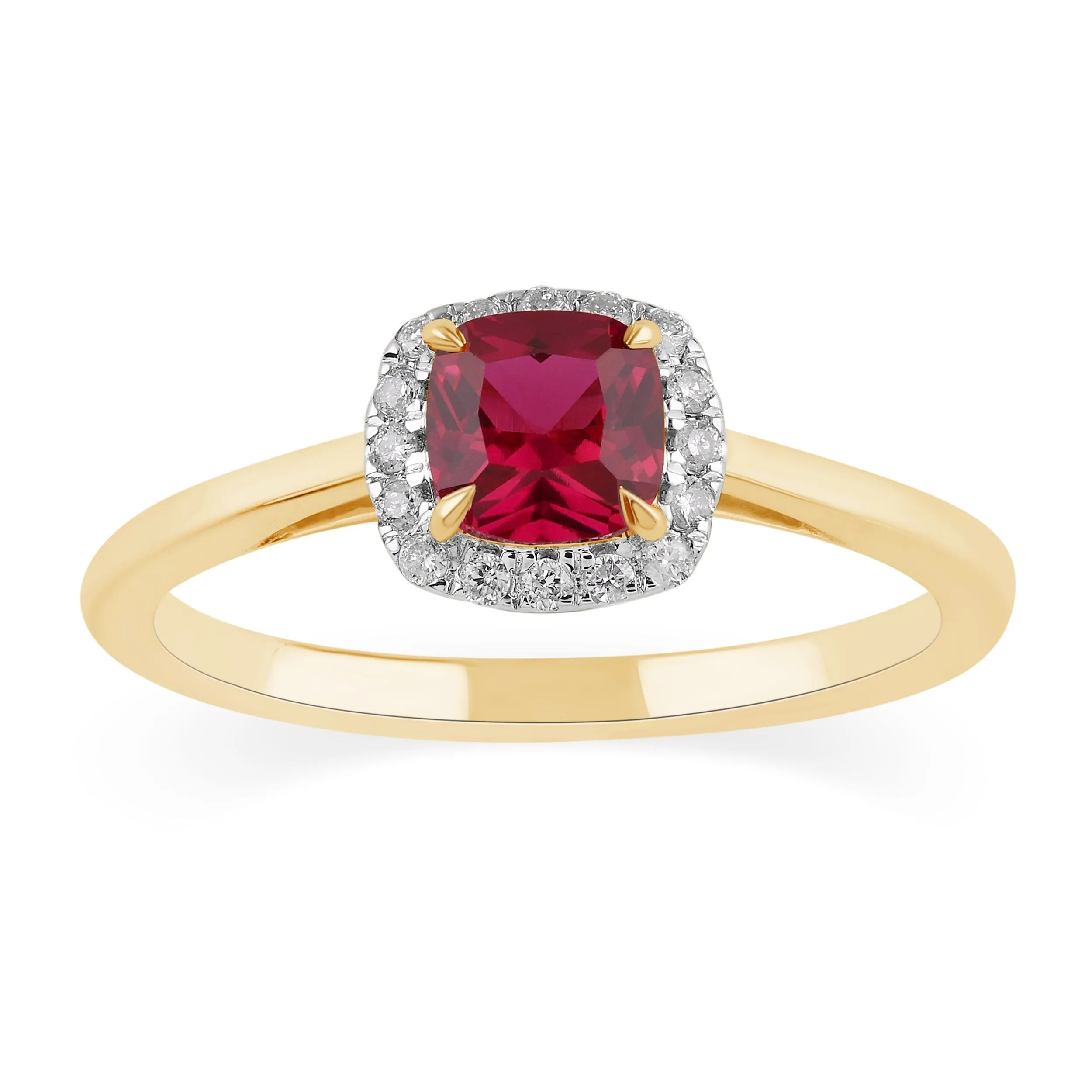 Halo Dress Ring with Created Ruby and 0.05ct of Diamonds in 9ct Yellow Gold