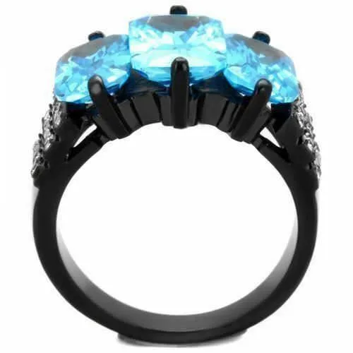 Jewellery Kingdom Ladies Emerald Cut Three Stone Cz 15 Carat Steel Ring Black (Blue Topaz)