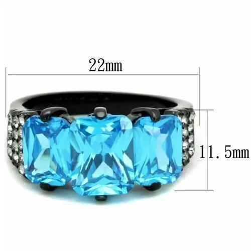 Jewellery Kingdom Ladies Emerald Cut Three Stone Cz 15 Carat Steel Ring Black (Blue Topaz)