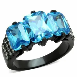 Jewellery Kingdom Ladies Emerald Cut Three Stone Cz 15 Carat Steel Ring Black (Blue Topaz)