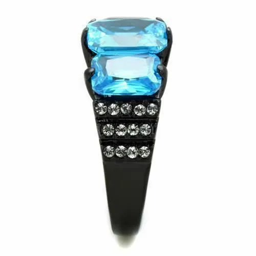 Jewellery Kingdom Ladies Emerald Cut Three Stone Cz 15 Carat Steel Ring Black (Blue Topaz)