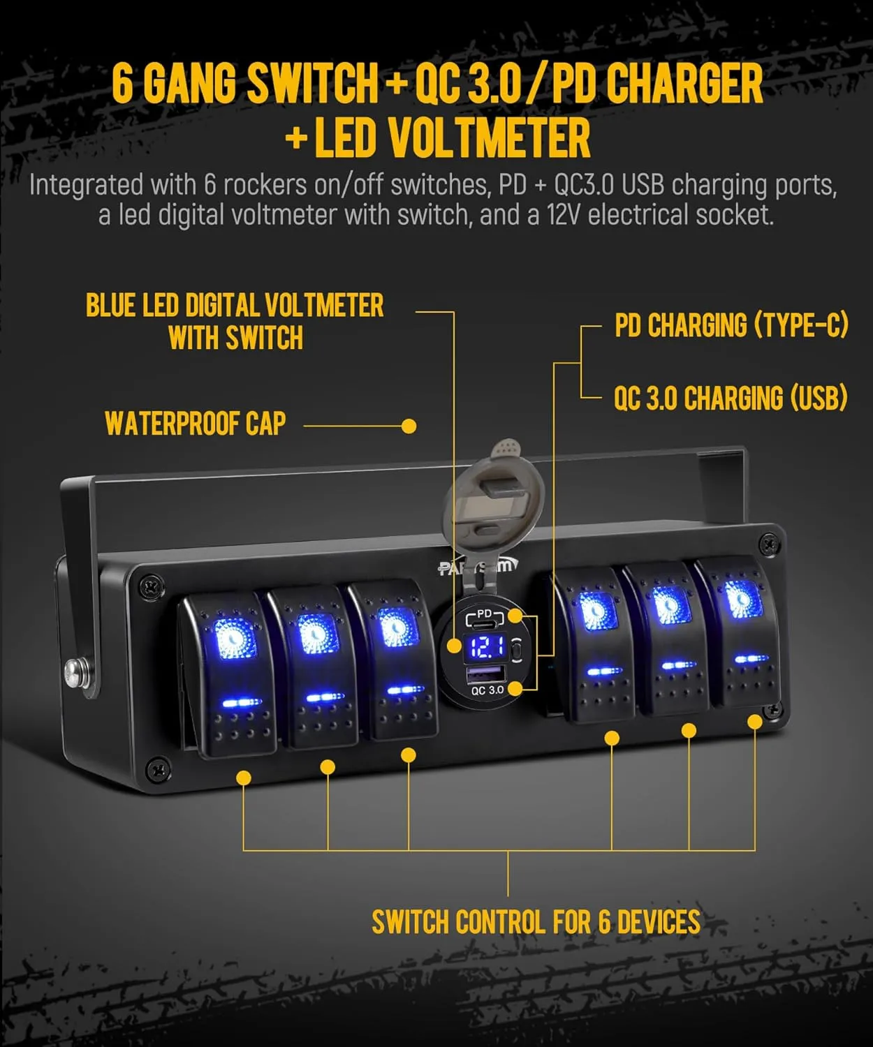Partsam 6 Gang Rocker Switch Panel Box12V-24V Aluminum Boat Marine Toggle Switch with USB and Type C Charger Voltmeter w/Fuses Waterproof Gasket for Car Pickup RV Van SUV UVT ATV