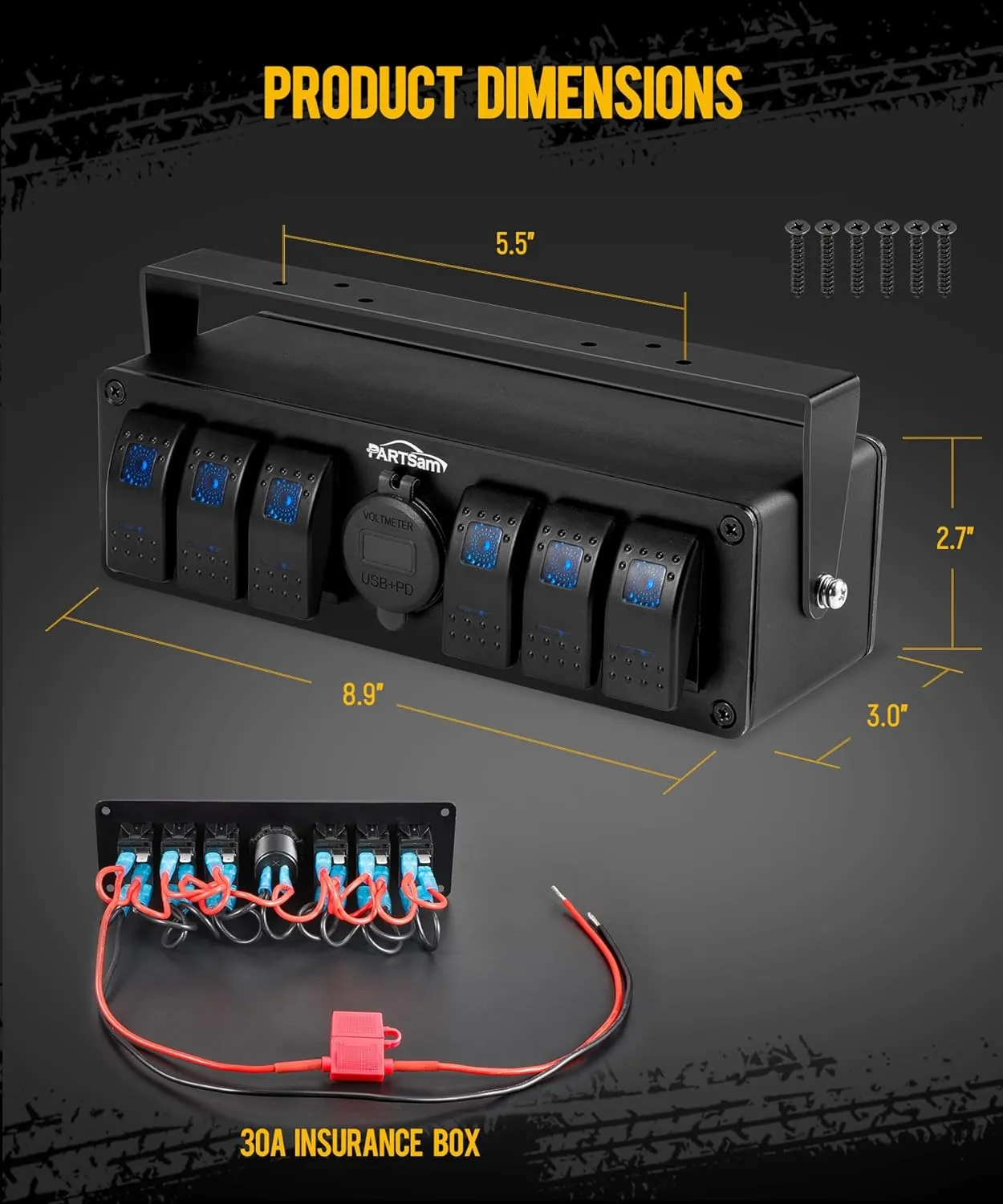 Partsam 6 Gang Rocker Switch Panel Box12V-24V Aluminum Boat Marine Toggle Switch with USB and Type C Charger Voltmeter w/Fuses Waterproof Gasket for Car Pickup RV Van SUV UVT ATV