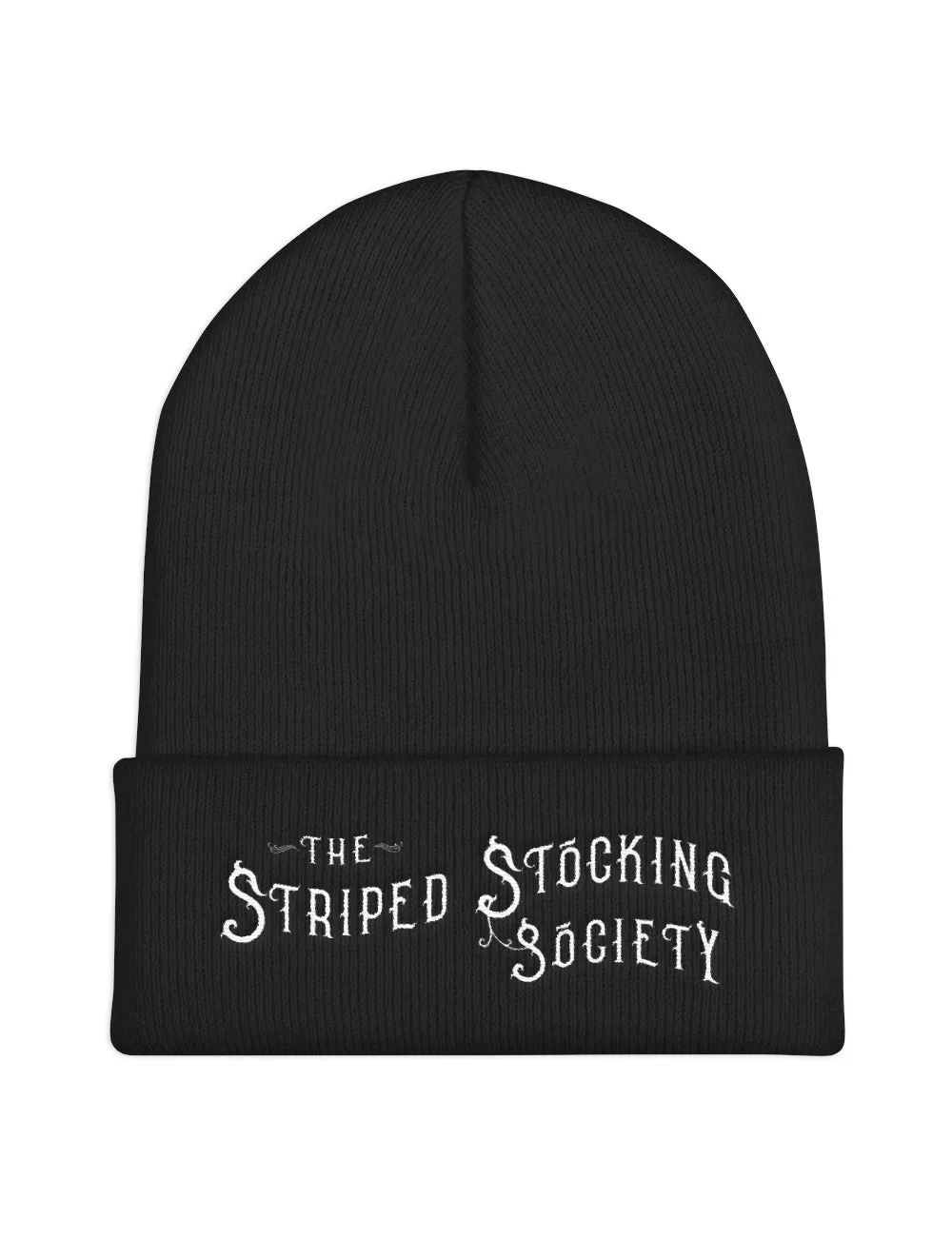 "Striped Stocking Society" Cuffed Embroidered Knit Beanie