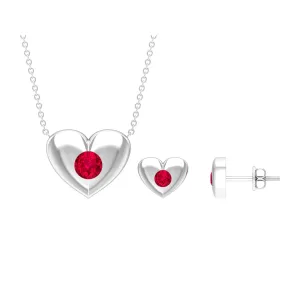 Real Ruby Heart Necklace and Stud Earring Set