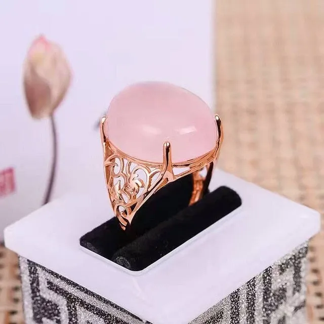 Romantic pink  natural rose quartz gemstone ring for woman 15ct. ring solid 925 silver