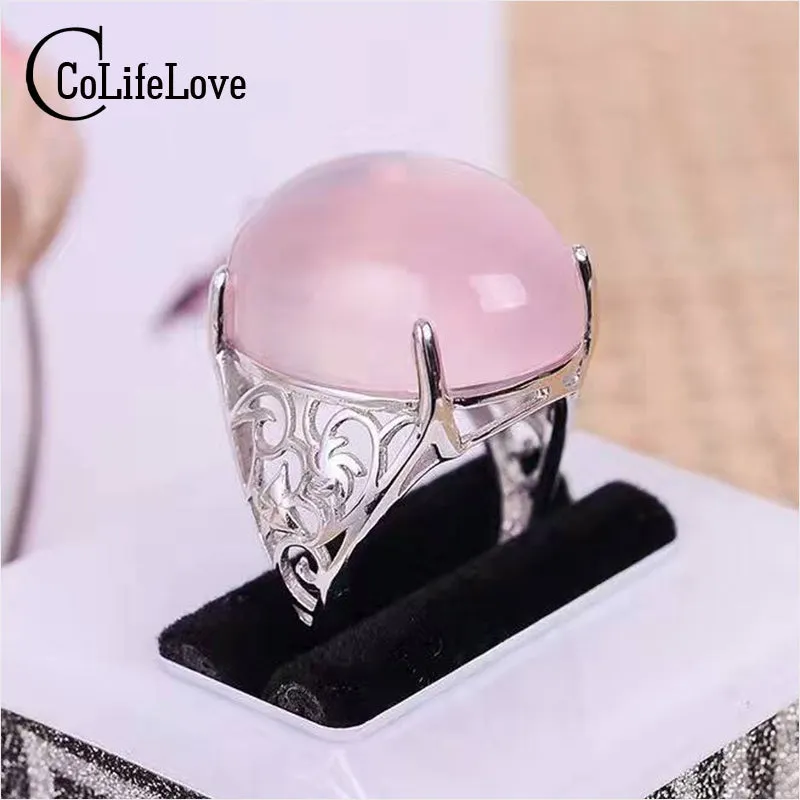 Romantic pink  natural rose quartz gemstone ring for woman 15ct. ring solid 925 silver