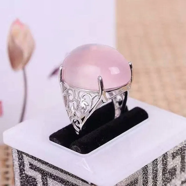 Romantic pink  natural rose quartz gemstone ring for woman 15ct. ring solid 925 silver