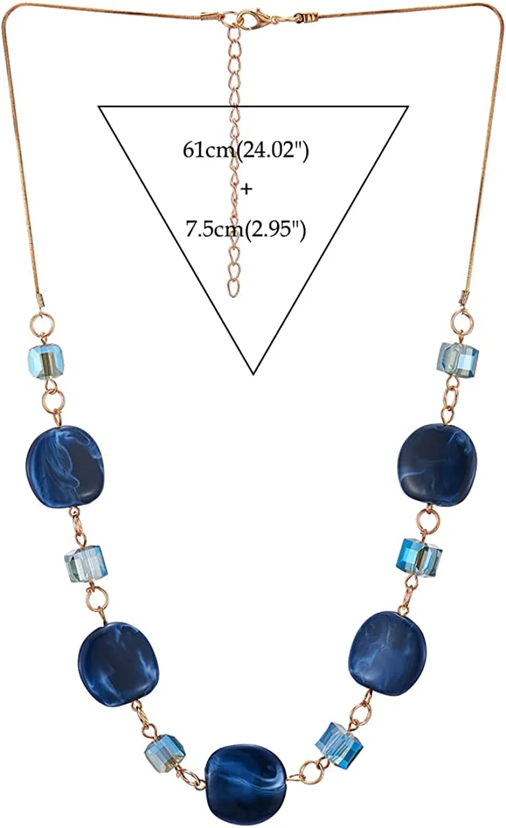 Rose Gold Chain Choker Collar Necklace Blue Cube Crystal Beads Blue Resin Gem Stone Circle Pendant