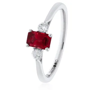 Ruby & Diamond 3 Stone Ring 0.80ct F-VS Quality in 18k White Gold