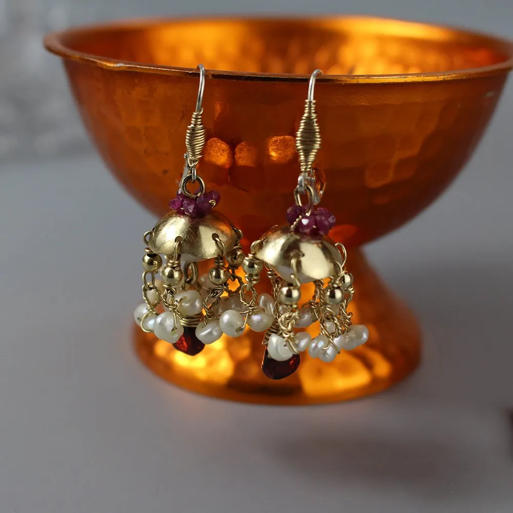 Ruby Pearl Garnet Chandelier Earrings