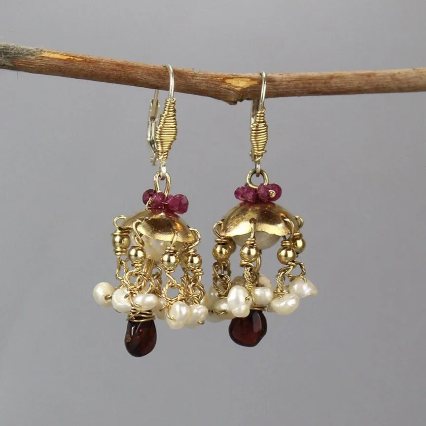 Ruby Pearl Garnet Chandelier Earrings