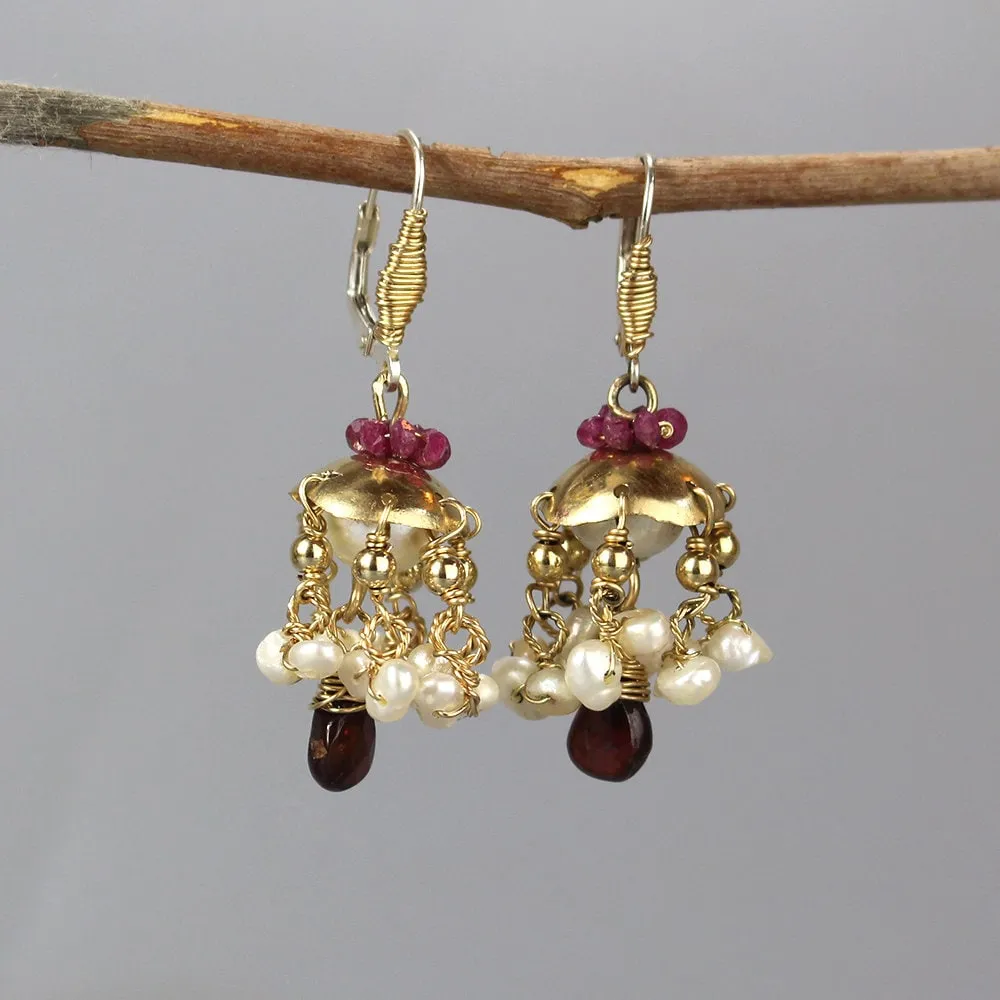 Ruby Pearl Garnet Chandelier Earrings