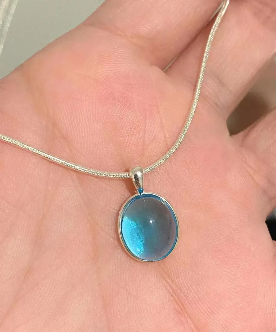 Simple Blue Alloy Gem Stone Pendant Necklace KX1030