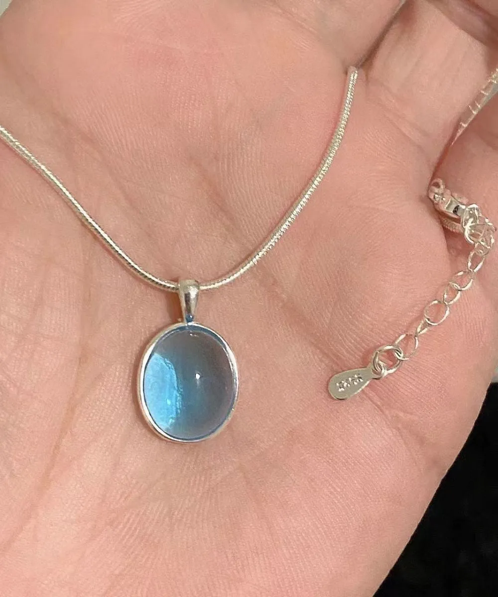 Simple Blue Alloy Gem Stone Pendant Necklace KX1030