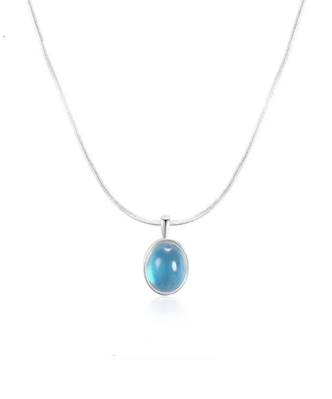 Simple Blue Alloy Gem Stone Pendant Necklace KX1030