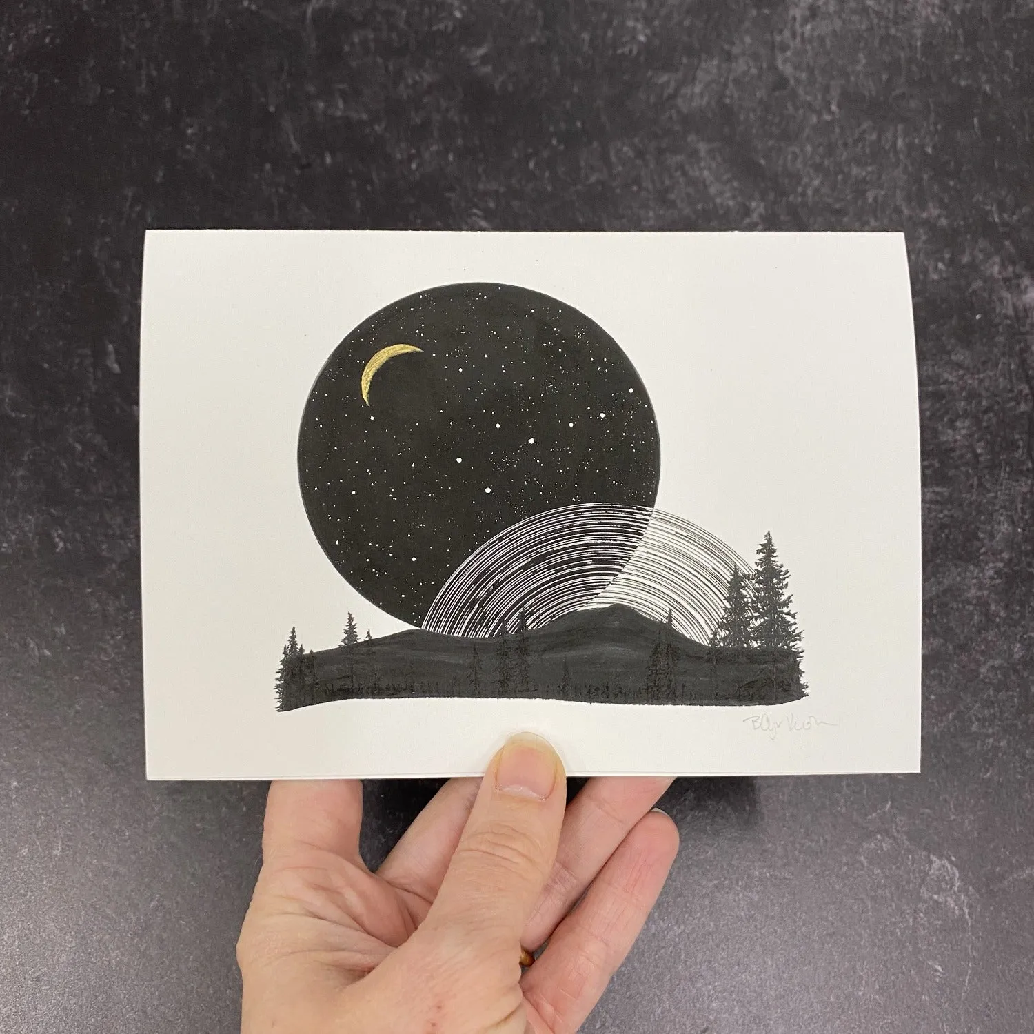 Space and Time Notecards - Card Size 4.5 x 6.25 - print to order - hand embellished in gold