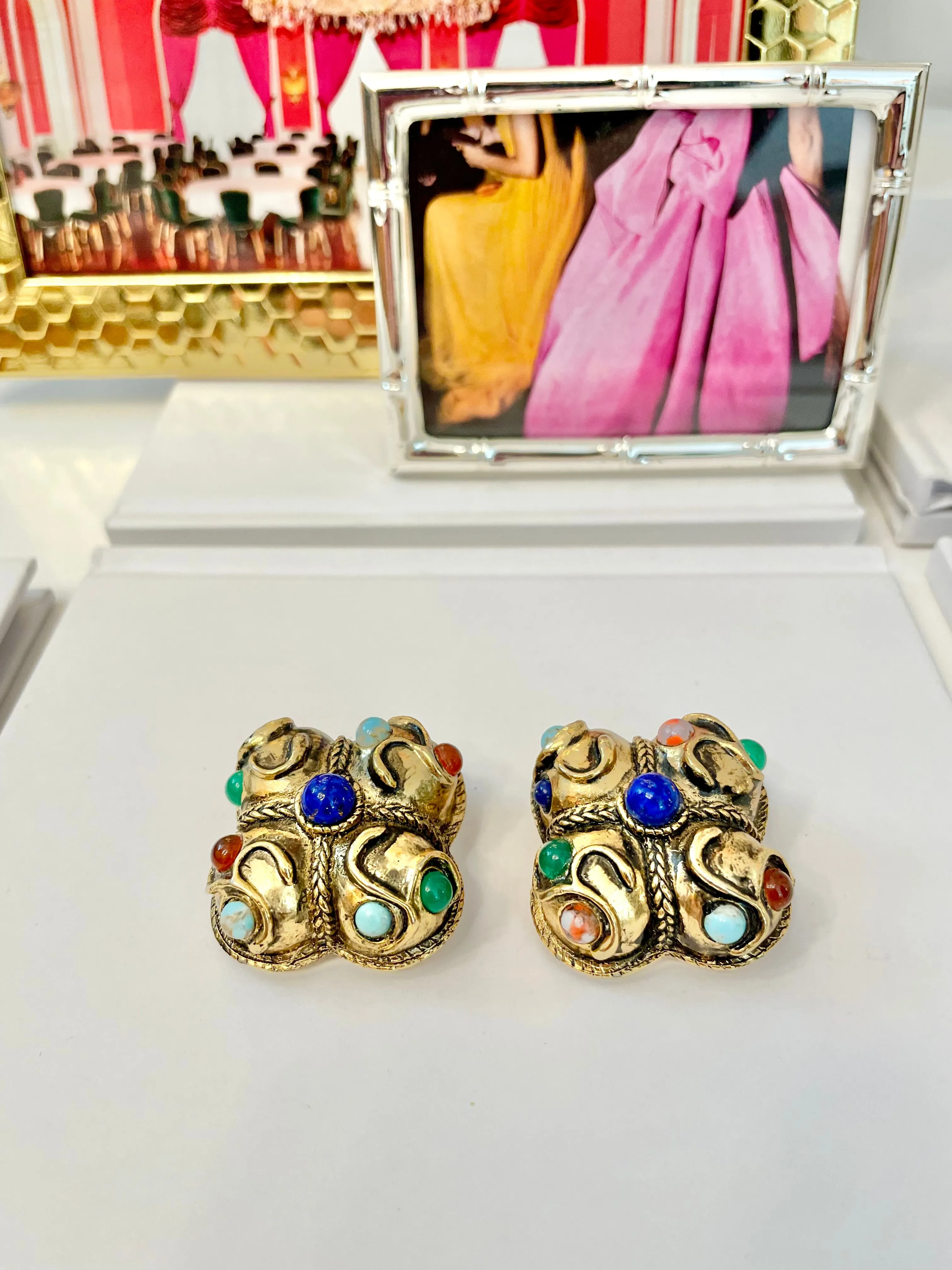 The Socialite and her love for the finest gems! These delightful gold and colorful gem earrings are extraordinary!!