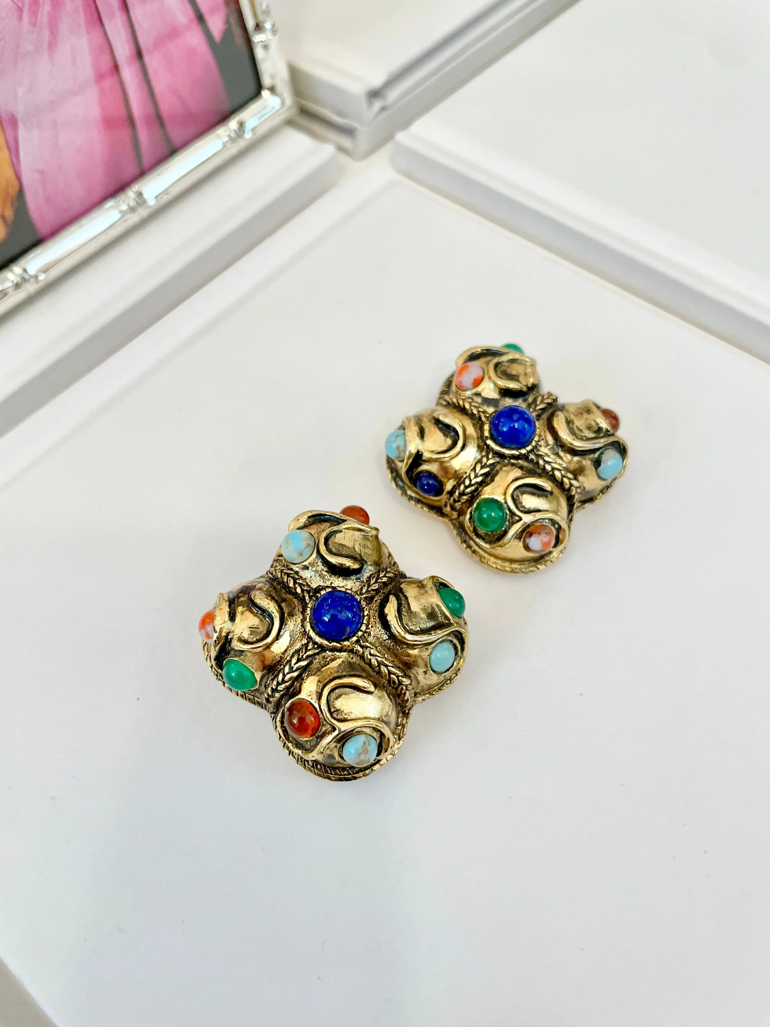 The Socialite and her love for the finest gems! These delightful gold and colorful gem earrings are extraordinary!!